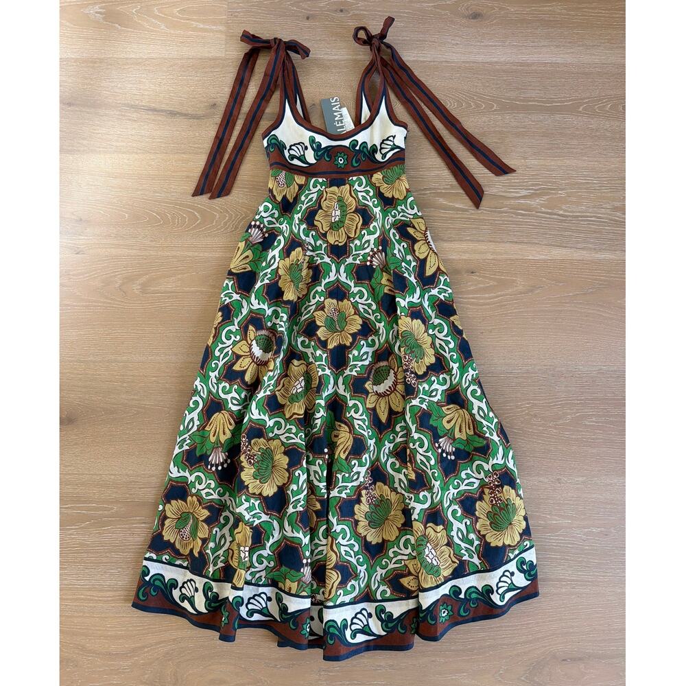 Alemais Midi Dress Linen Botanical Liana Ballet Size US2 Green Brown Multi